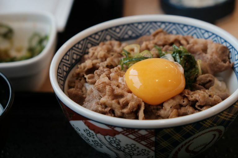 Gyudon beef donburi topped with an egg yolk in a patterned Japanese bowl