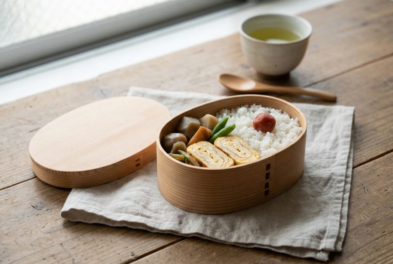 An oval cedar magewappa bento box with its lid set aside, packed with rice, rolled omelette and simmered vegetables, on linen in morning light