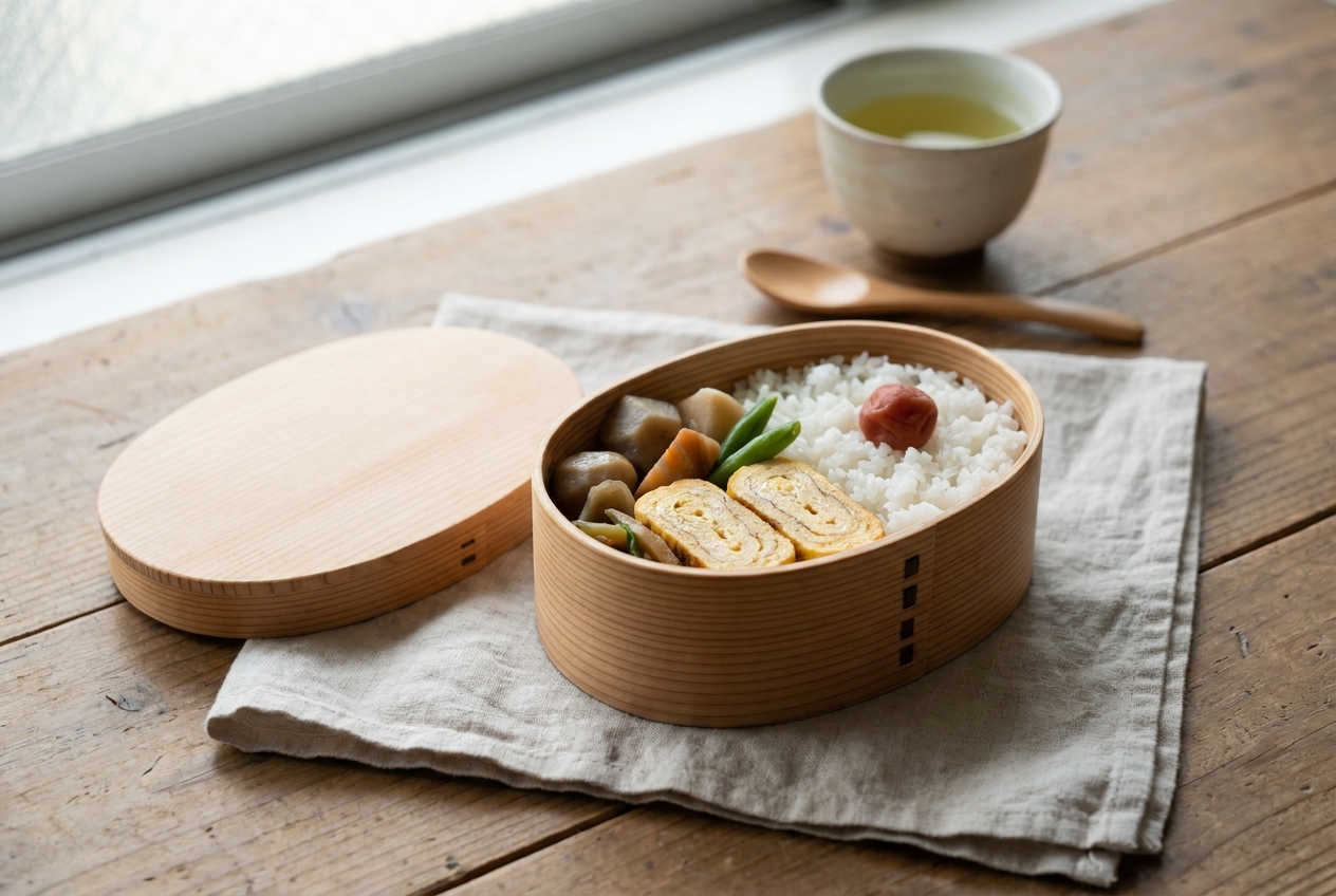 An oval cedar magewappa bento box with its lid set aside, packed with rice, rolled omelette and simmered vegetables, on linen in morning light