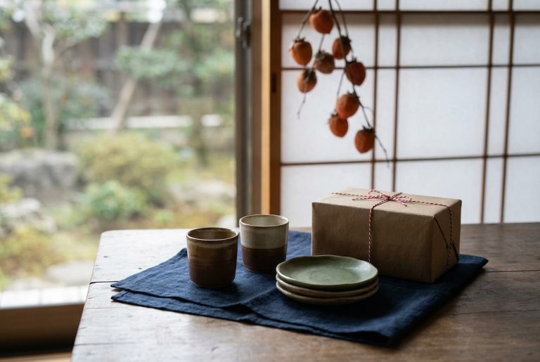 A pair of handleless Japanese teacups and small plates on an indigo cloth beside a paper-wrapped gift tied with red-and-white cord