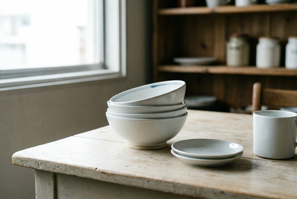A stack of plain white Japanese porcelain rice bowls, two small plates and a white mug on a worn wooden kitchen table in morning light. Illustrative AI-generated image; not a photograph of a specific kiln's work.
