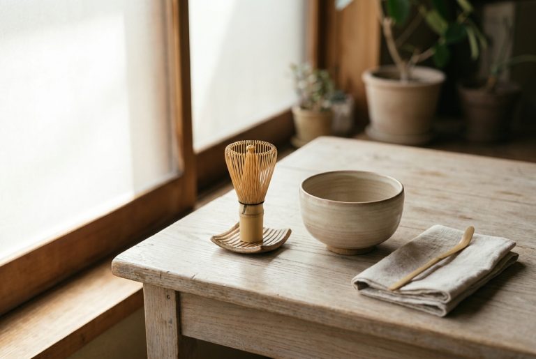 A bamboo chasen matcha whisk drying on a ridged ceramic whisk rest beside a stoneware matcha bowl and a bamboo chashaku scoop on a wooden table in morning light