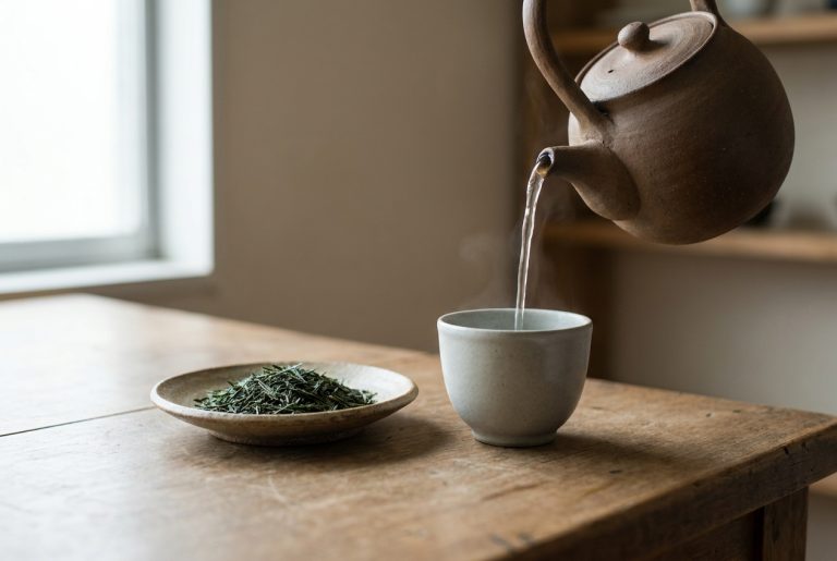 Hot water poured from a plain clay kettle into a small ceramic teacup, with loose sencha leaves in a shallow dish alongside