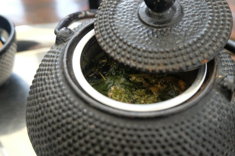A Japanese cast iron teapot with a raised arare dot texture and top handle