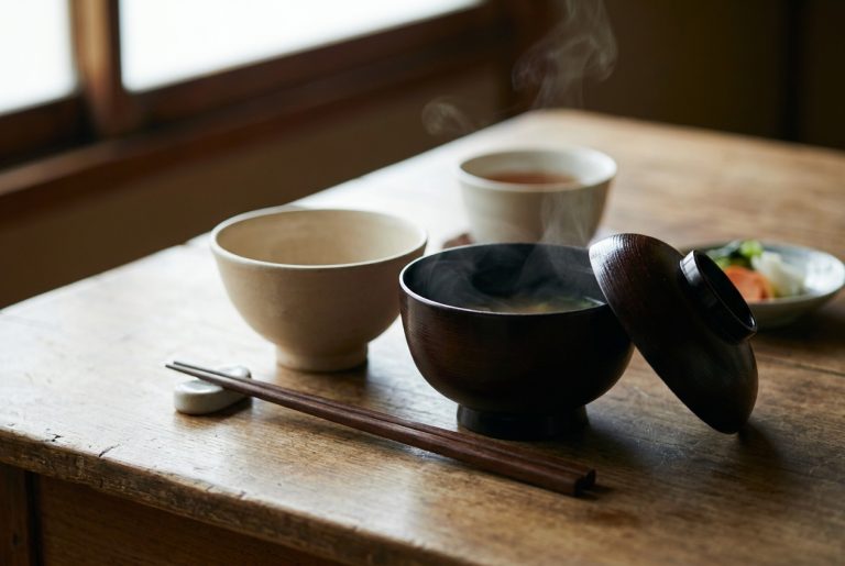 A dark lacquered wooden soup bowl with its lid set beside it, next to a pale ceramic rice bowl and lacquered chopsticks on a wooden table in morning light