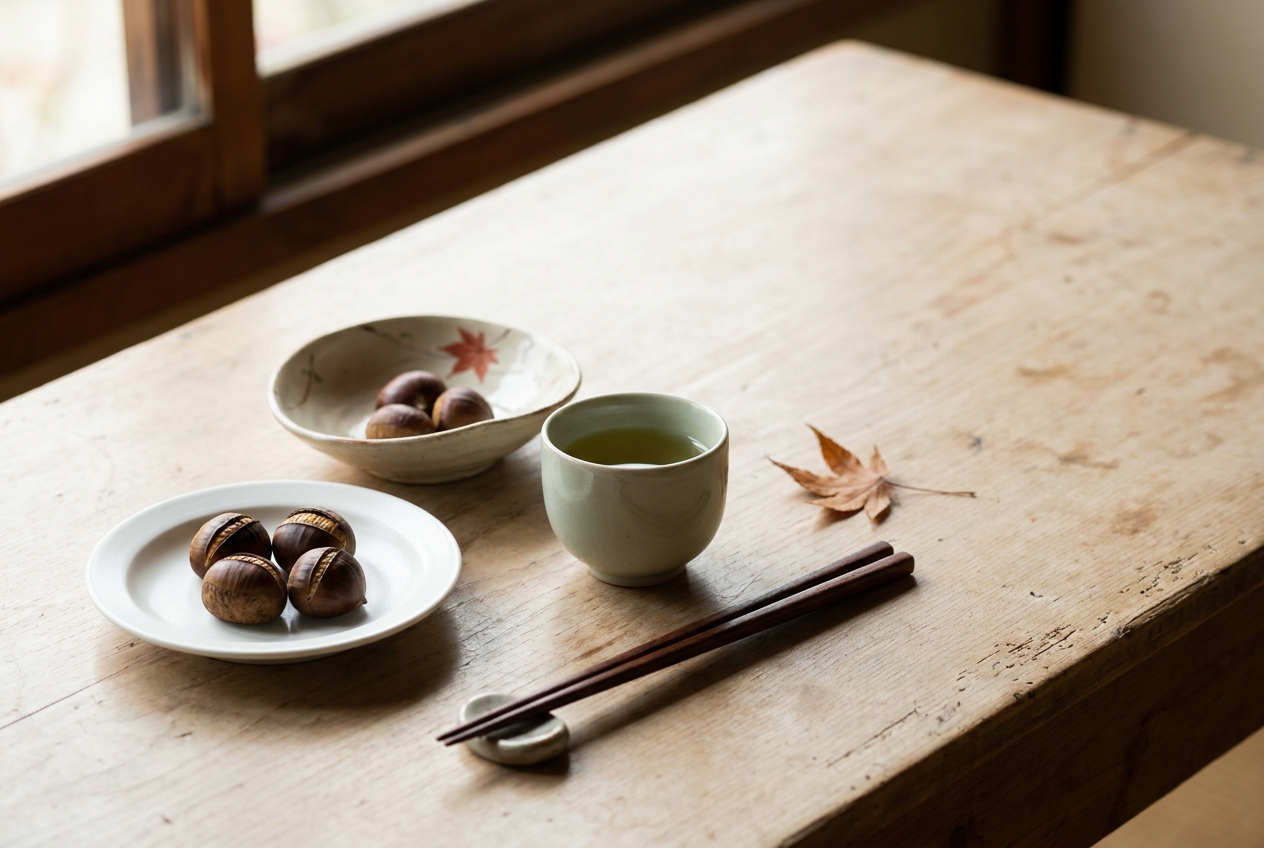 A late-autumn Japanese table: a small dish painted with a red maple leaf, a plain white plate of chestnuts, a handleless cup of green tea and chopsticks on a rest, with one dried maple leaf on the bare wood.