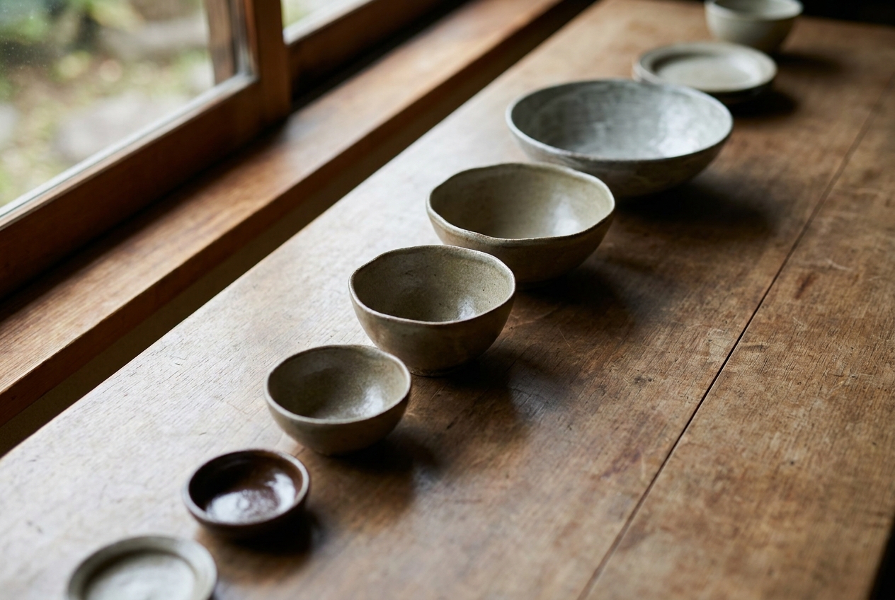 Japanese ceramic bowls and small dishes in graduated sizes lined up on a wooden table by a window, from a tiny sauce dish to a wide bowl