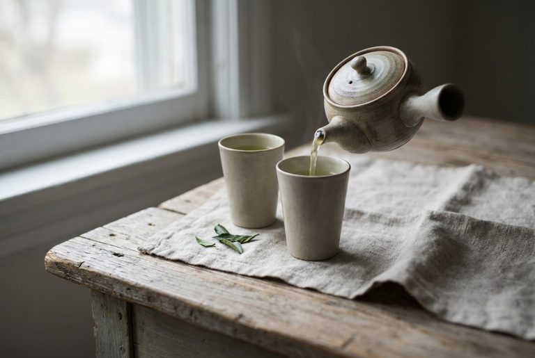 Green tea being poured from a Japanese side-handled kyusu teapot into two tall handleless yunomi cups on a linen cloth
