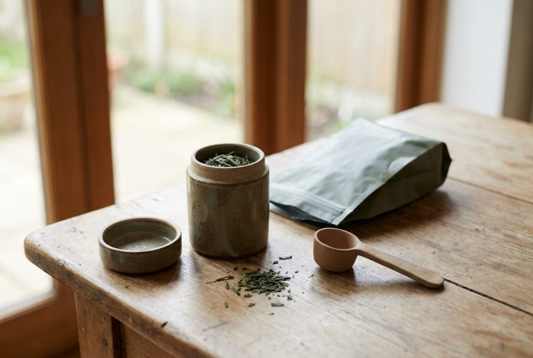 A lidded canister of Japanese green tea open on a wooden table beside a resealable foil pouch and a wooden measuring scoop, with loose sencha leaves spilled on the wood