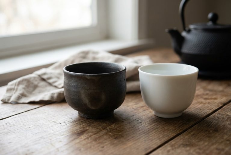 A dark, well-used unglazed stoneware cup beside a plain new white porcelain cup on a wooden table in morning light