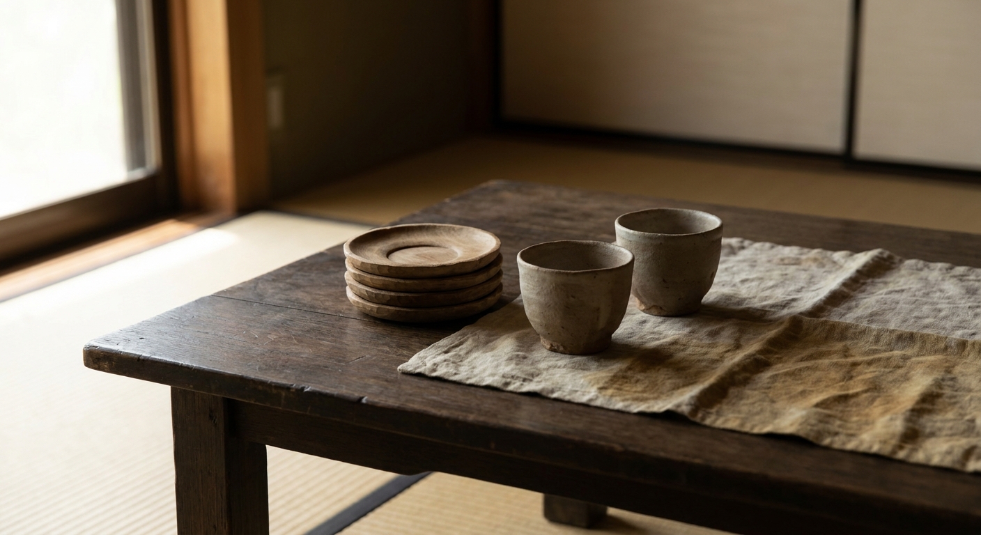 A stack of five plain wooden chataku tea saucers beside two unglazed Japanese teacups on a dark wooden table