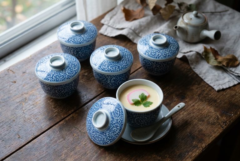 Five blue-and-white Japanese chawanmushi cups with lids on a wooden table, one lid lifted to show the steamed egg custard inside