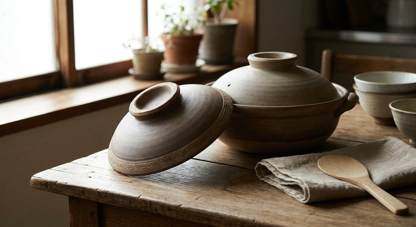A Japanese donabe clay pot with its heavy lid lifted off and resting rim-up on a wooden table