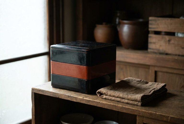 A three-tier lacquered jubako osechi box closed on a cupboard shelf