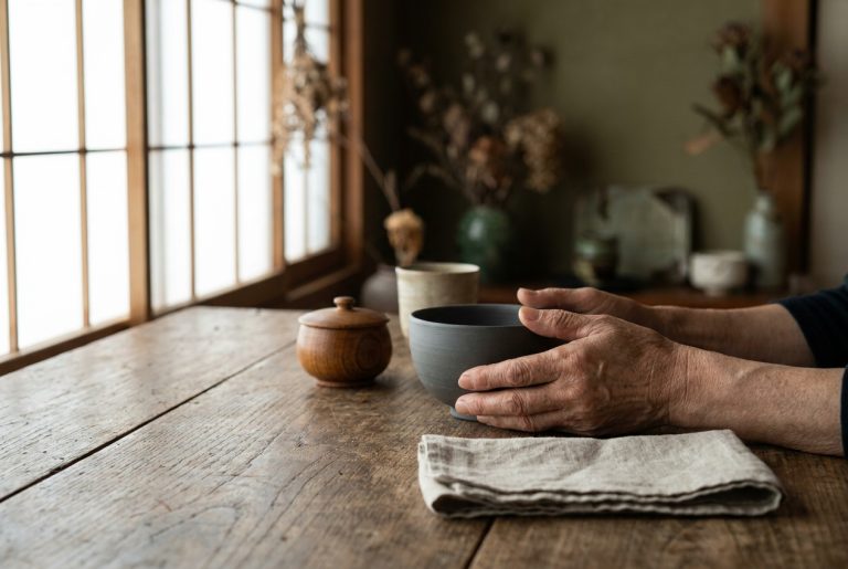 Hands resting around an intact dark stoneware bowl on a worn wooden table, beside a small lidded wooden pot and a folded cloth, in morning window light