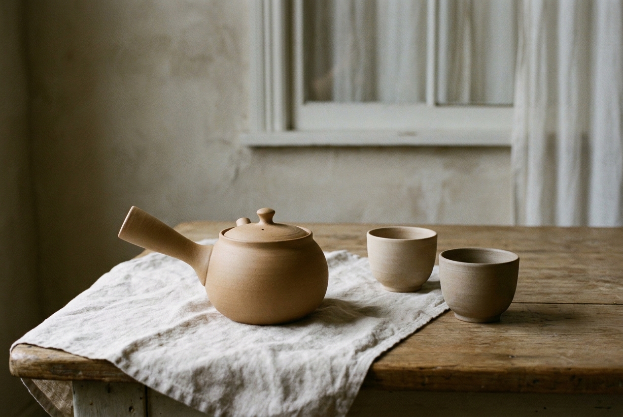A Japanese side-handle kyusu teapot and two unglazed yunomi cups on a linen cloth