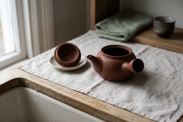 An unglazed red clay Japanese kyusu teapot with its lid removed and resting on its own small dish beside a kitchen sink
