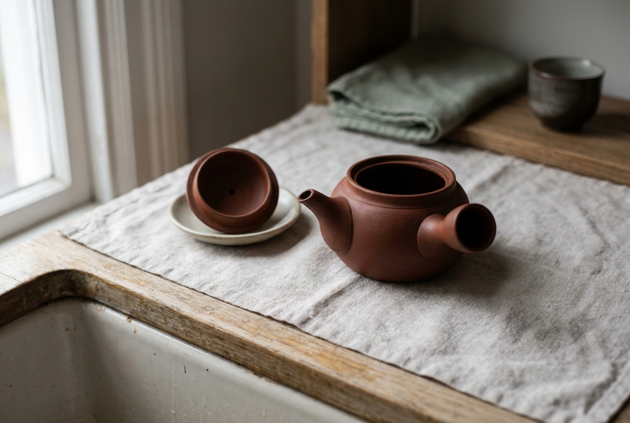 An unglazed red clay Japanese kyusu teapot with its lid removed and resting on its own small dish beside a kitchen sink