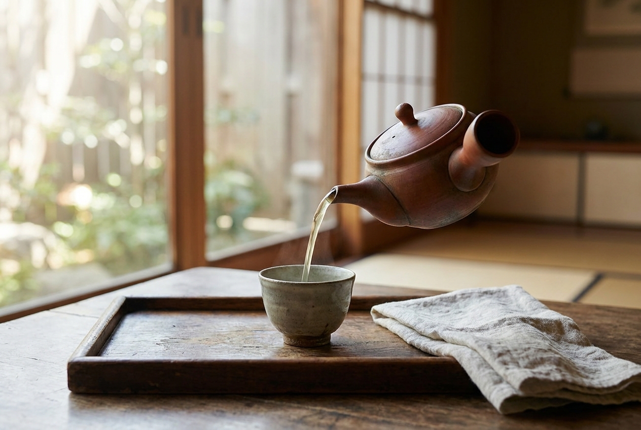 A Tokoname kyusu pouring a clean arc of green tea into a small cup on a wooden tray