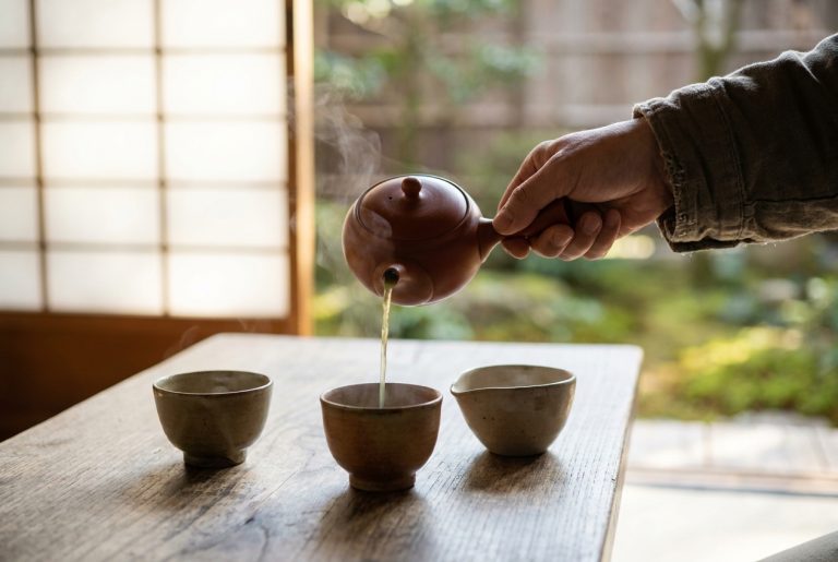 A hand holding a Tokoname kyusu by its side handle and pouring green tea into a cup on the table