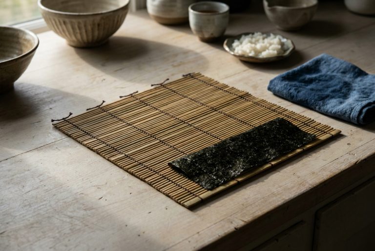A bamboo sushi rolling mat lying open on a wooden counter, a sheet of nori resting on it, with a dish of rice and Japanese bowls nearby