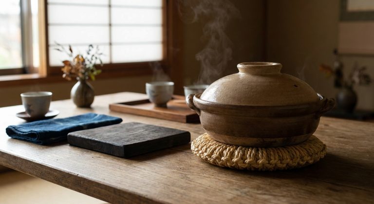 A Japanese clay donabe hot pot resting on a handwoven rush ring trivet on a wooden table, with a thick wooden trivet beside it