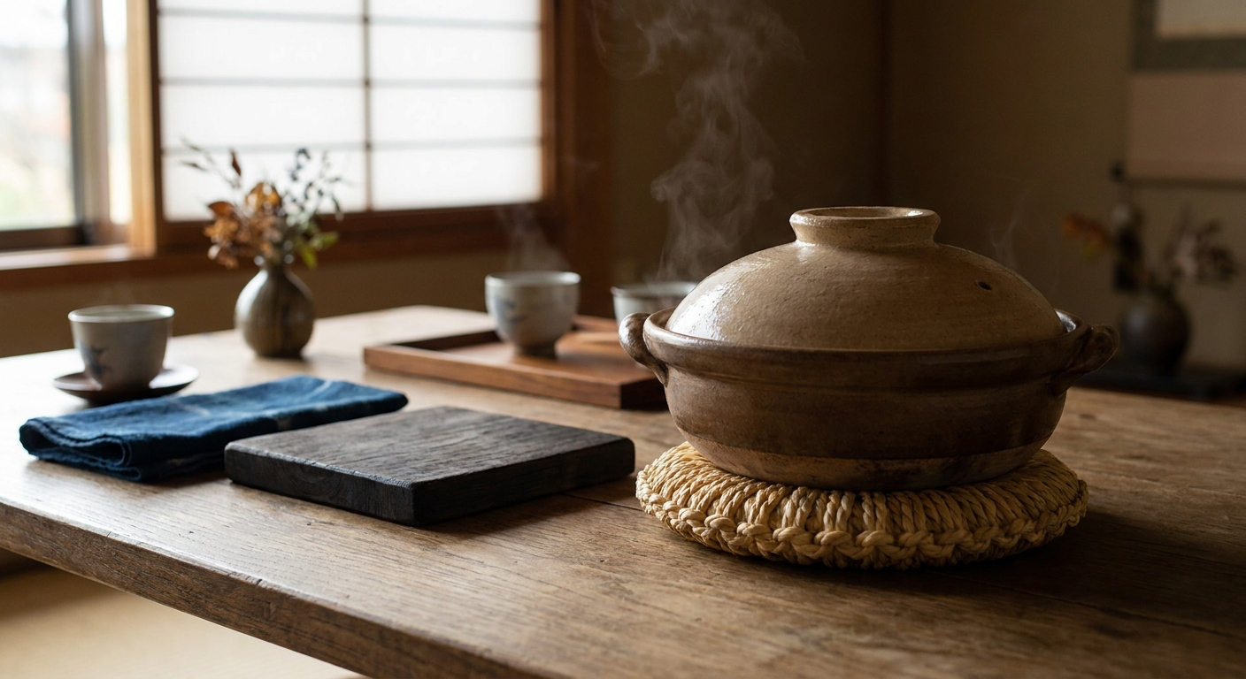 A Japanese clay donabe hot pot resting on a handwoven rush ring trivet on a wooden table, with a thick wooden trivet beside it