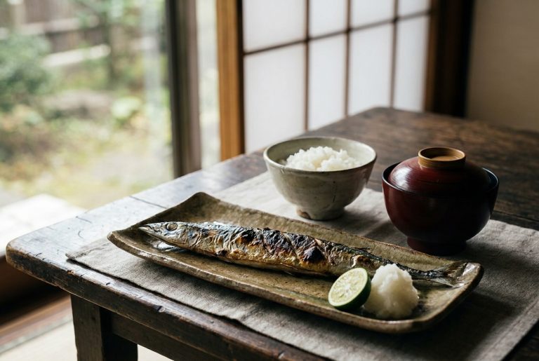A whole grilled sanma on a long rectangular Japanese plate, head to the left, with grated daikon and a sudachi wedge at the front right