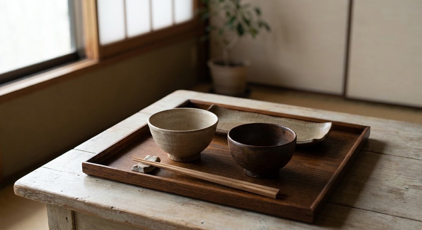 A rimmed wooden Japanese tray set with a rice bowl, a soup bowl, a shallow plate and chopsticks on a rest