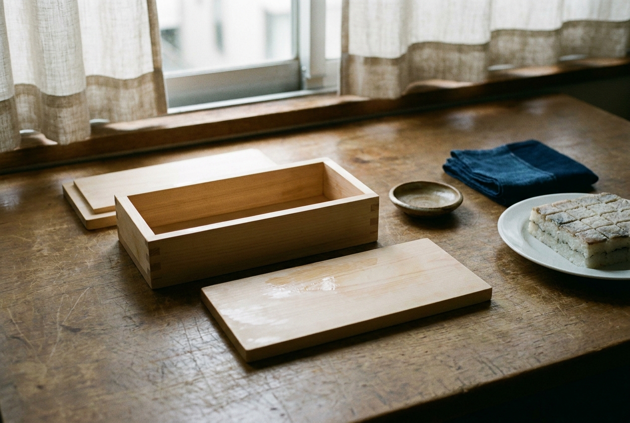 An unfinished hinoki oshizushi mold in three parts - base, walls and press lid - on a wooden counter beside a plate of cut pressed sushi