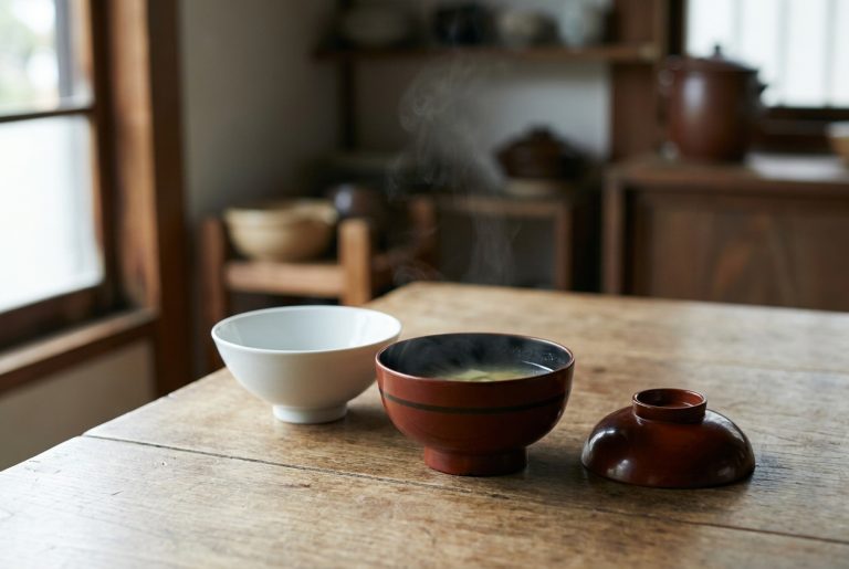 A lacquered wooden Japanese miso soup bowl filled partway, beside a white rice bowl and its separate lacquer lid