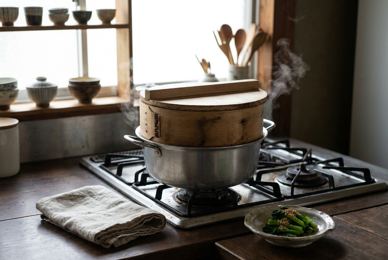A wooden seiro steaming basket resting on the rim of a steel pot on a home stovetop, steam escaping under the flat wooden lid