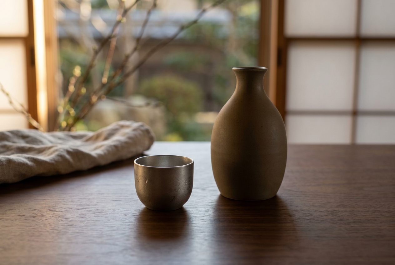 A small tin sake cup and a ceramic tokkuri flask on a dark wooden table by a shoji window