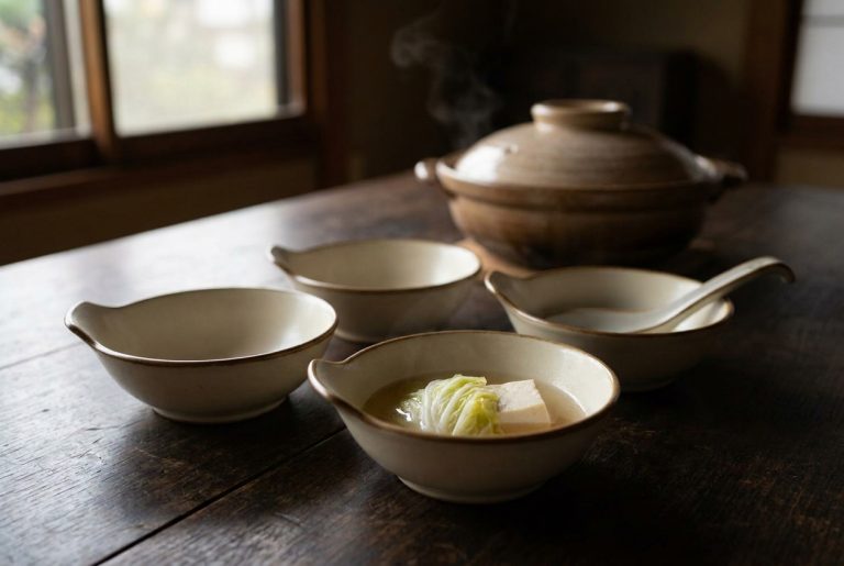 Four Japanese tonsui bowls with protruding lips on a dark wooden table, one holding broth with napa cabbage and tofu, a covered donabe steaming behind