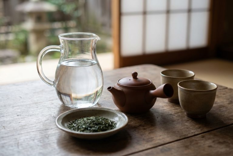 A glass pitcher of water beside a clay kyusu, two yunomi cups and a dish of loose sencha leaves