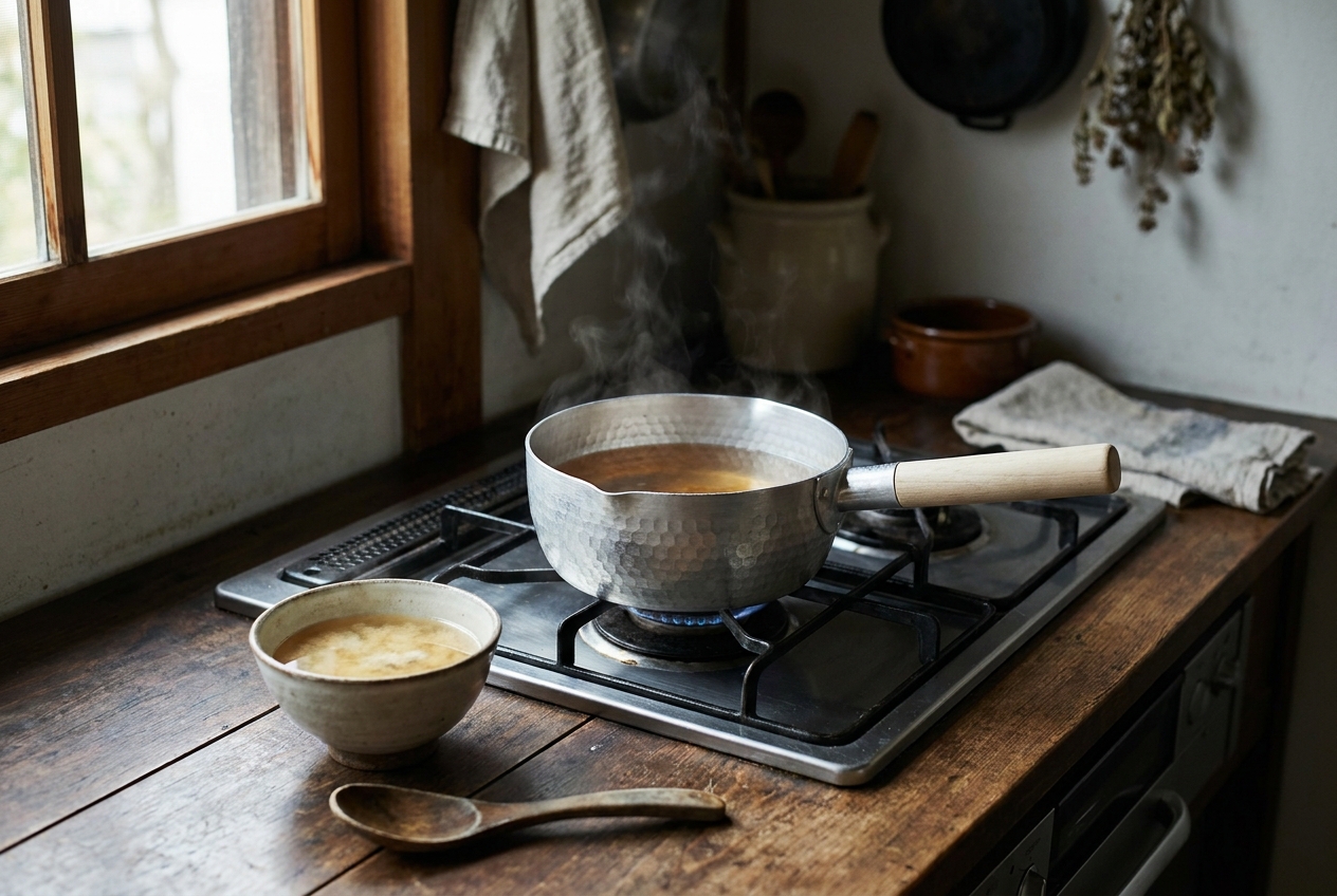 A hammered aluminium Japanese yukihira saucepan with a wooden handle simmering dashi over a gas flame, a bowl of miso soup beside it