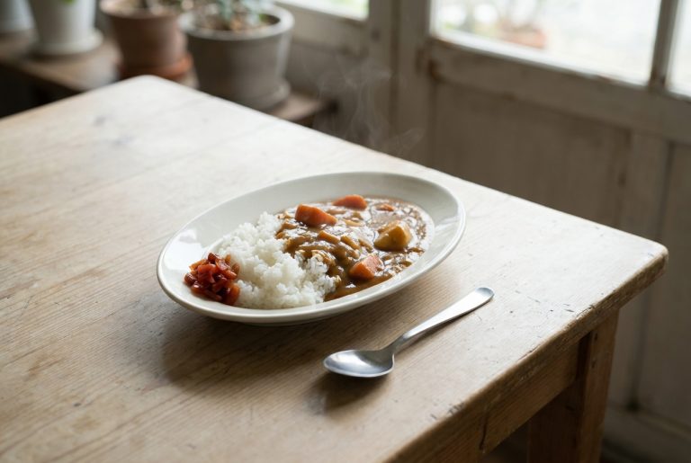 Japanese curry rice on an off-white oval porcelain plate with fukujinzuke pickle and a spoon on a wooden table