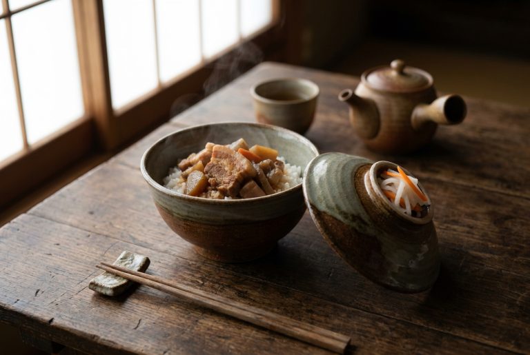 A Japanese donburi bowl of rice with a simmered topping, its ceramic lid resting upside down beside it holding pickled vegetables