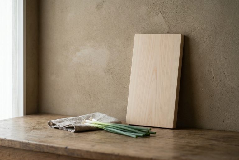 A pale, freshly planed hinoki cutting board standing on its long edge against a plaster wall to dry, beside a linen cloth and spring onions