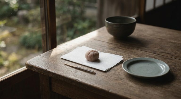 A folded sheet of white kaishi paper on a wooden table with a single pink Japanese sweet on it, a small celadon plate and a matcha bowl beside it
