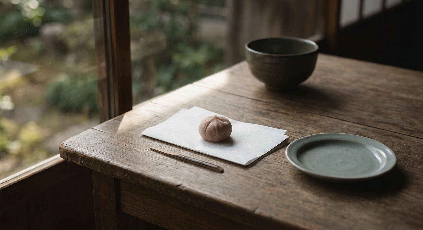 A folded sheet of white kaishi paper on a wooden table with a single pink Japanese sweet on it, a small celadon plate and a matcha bowl beside it