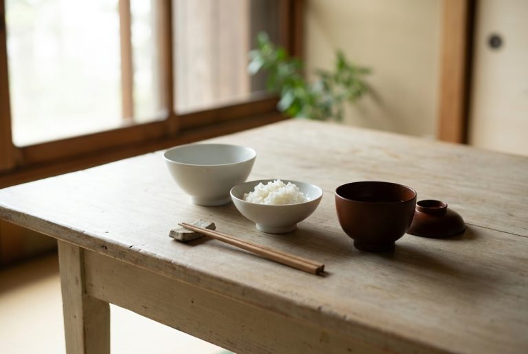 A small child-sized Japanese rice bowl of white porcelain filled with rice, set beside a larger adult rice bowl and a lacquer miso soup bowl on a wooden table