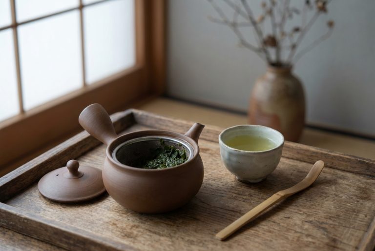 An open clay kyusu on a wooden tray with its lid set down beside it, showing the mesh strainer inside and wet green tea leaves on it