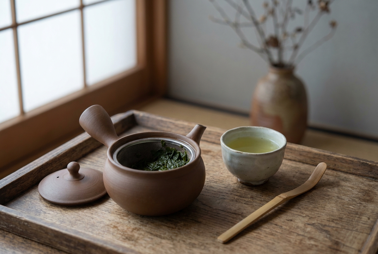 An open clay kyusu on a wooden tray with its lid set down beside it, showing the mesh strainer inside and wet green tea leaves on it