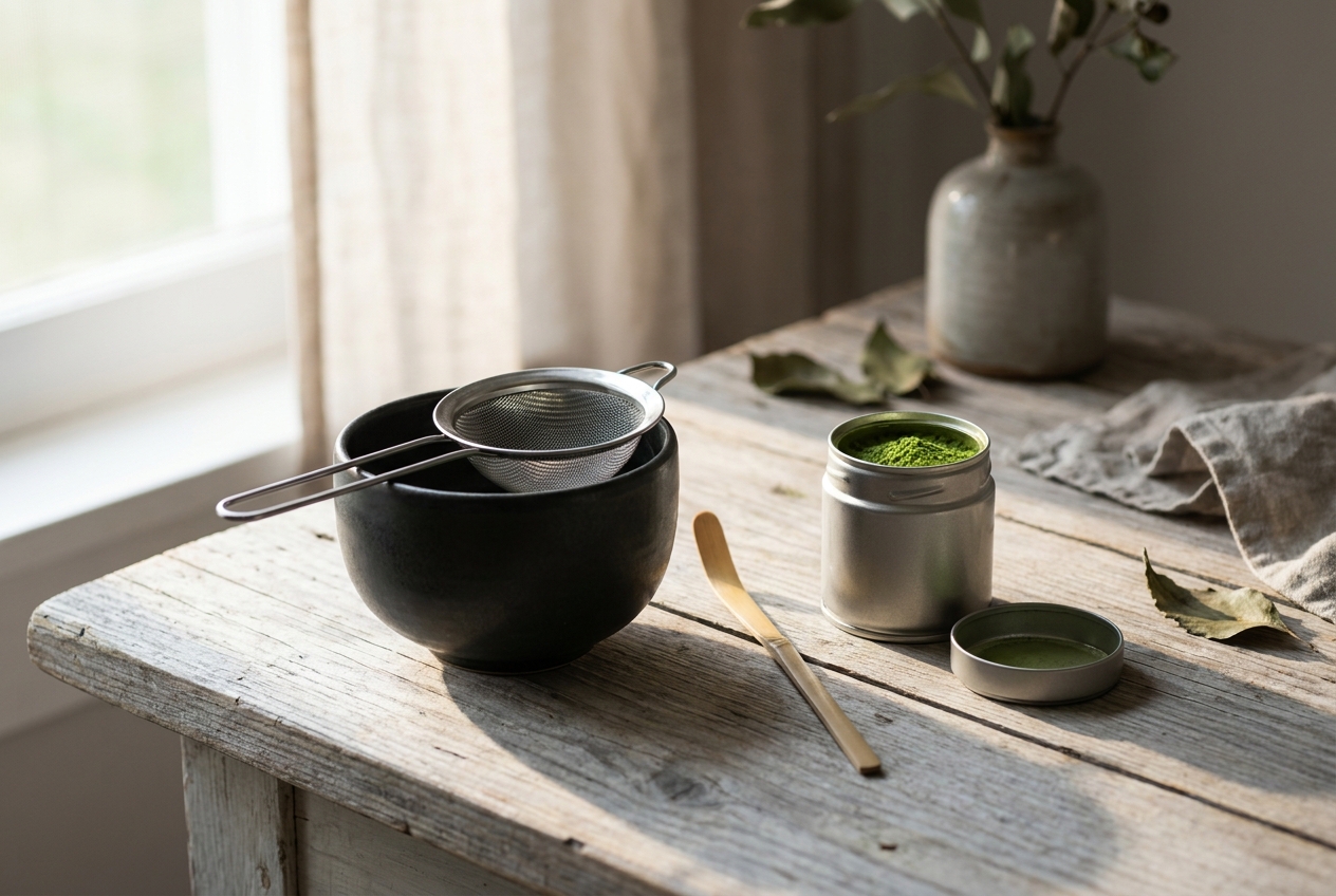 A small stainless steel mesh tea sieve resting on the rim of a dark matcha bowl, with a bamboo scoop and an open tin of matcha powder on a weathered wooden table in morning light
