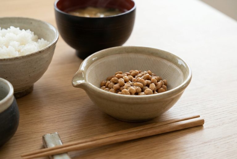 A small ceramic natto bowl with a pouring lip beside a rice bowl and a miso soup bowl on a wooden breakfast table