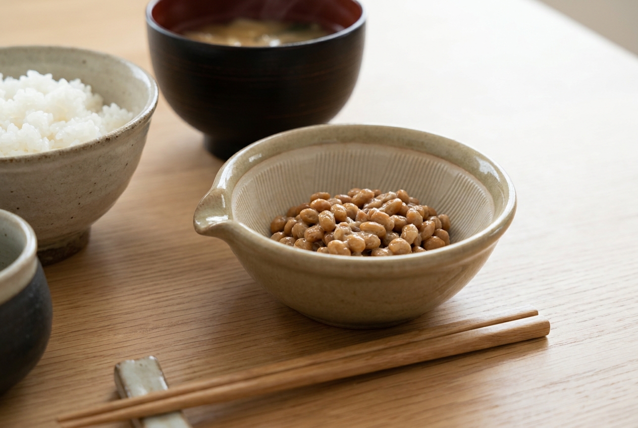 A small ceramic natto bowl with a pouring lip beside a rice bowl and a miso soup bowl on a wooden breakfast table