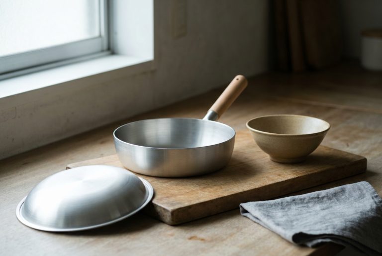 A small Japanese oyakodon pan with a wooden handle resting on a wooden board beside an empty donburi bowl and the pan's domed lid