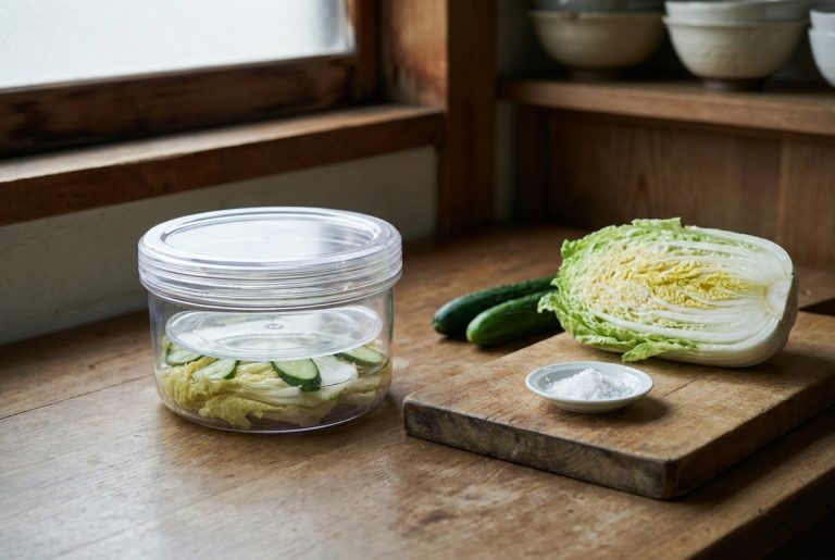 A clear Japanese quick-pickle press on a wooden counter, salted napa cabbage and sliced cucumber under its inner press plate, with a halved cabbage and cucumbers beside it
