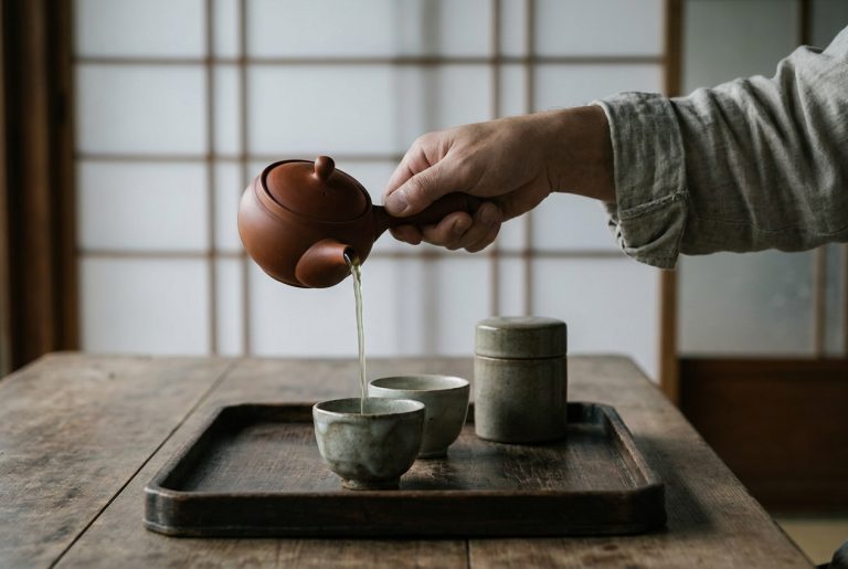 A hand gripping the side handle of a red clay kyusu, pouring green tea straight down into a small cup on a wooden tray